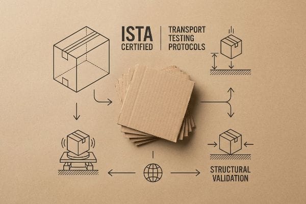 An infographic details ISTA Certified Transport Testing Protocols for corrugated packaging, showing vibration, drop, and compression tests.