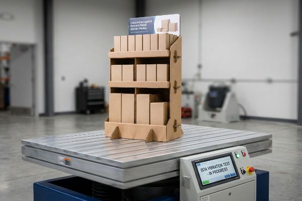 An ISTA Vibration Test is in progress on a custom corrugated retail store display filled with small boxes.
