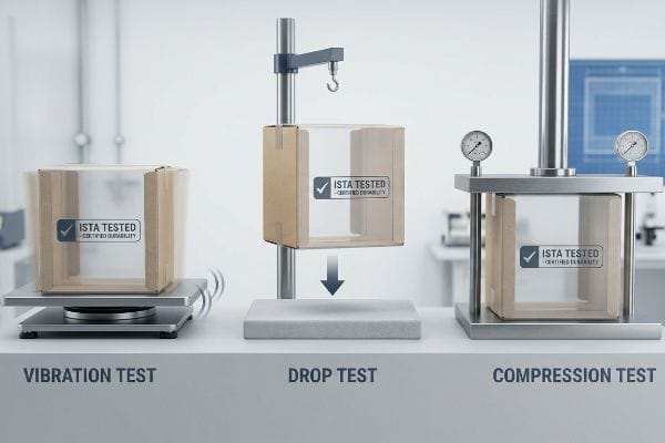 Three ISTA packaging tests are shown: vibration, drop, and compression, each featuring a box with an 