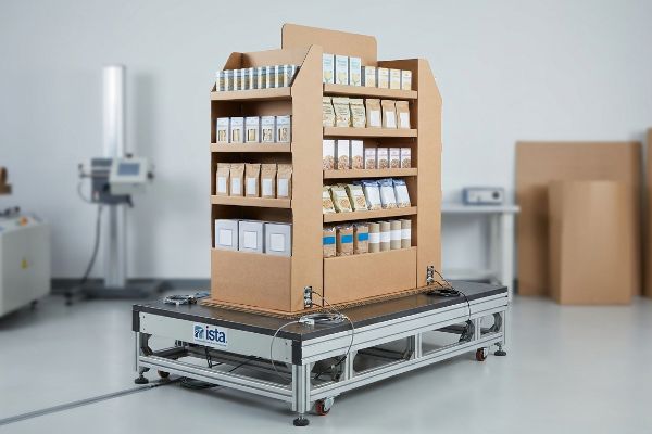 Corrugated cardboard retail display filled with products undergoing ISTA vibration table transit testing in a lab.