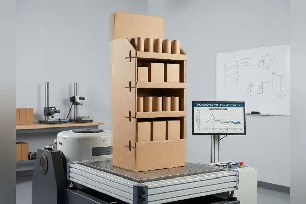 Corrugated retail display on a vibration table, showing ISTA Vibration Test - Dynamic Sensibility results on a monitor.