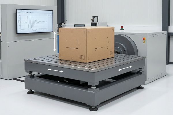 Brown corrugated box on vibration testing machine, screen shows kinetic shock waveforms for ISTA packaging.