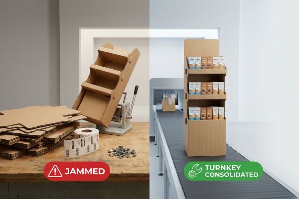 Corrugated cardboard display assembly contrasts a 'Jammed' manual process with 'Turnkey Consolidated' automated production on a conveyor belt, highlighting efficiency.