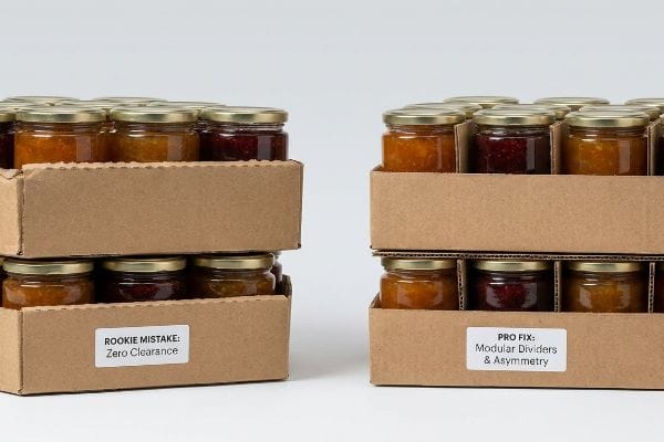 Corrugated trays of glass jars, contrasting 'Rookie Mistake: Zero Clearance' with 'Pro Fix: Modular Dividers & Asymmetry'.
