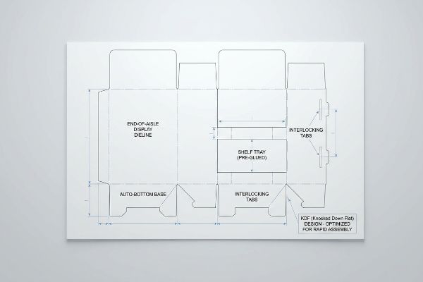 Dieline blueprint for a Knocked Down Flat (KDF) end-of-aisle display, showing an auto-bottom base, pre-glued shelf tray, and interlocking tabs for rapid assembly.