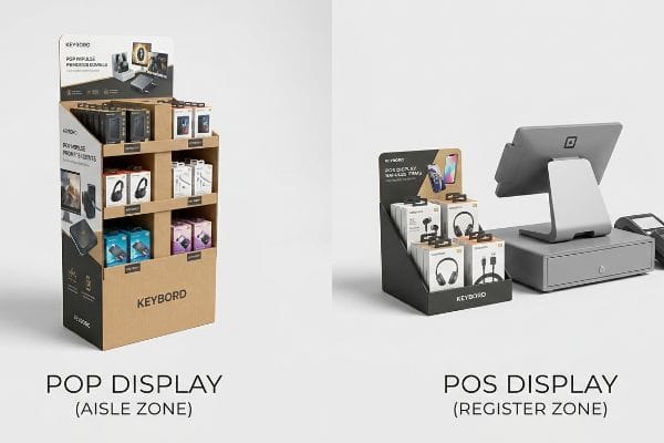 Brown cardboard Keybord Pop Display in an aisle zone, showcasing headphones, earbuds, and cables on multiple shelves.