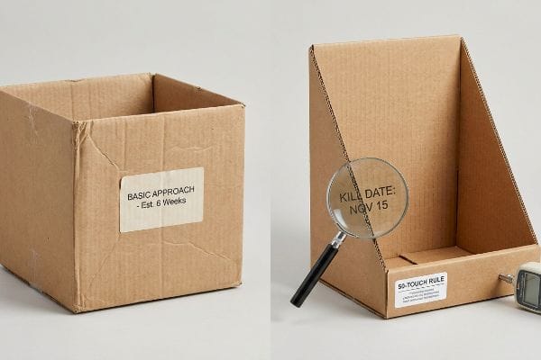 Cardboard boxes show 'Basic Approach - Est. 6 Weeks' and '50-Touch Rule' with 'Kill Date: Nov 15' magnified.