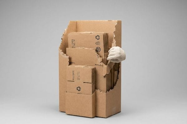 A white-gloved hand tears down a temporary corrugated display unit, revealing 