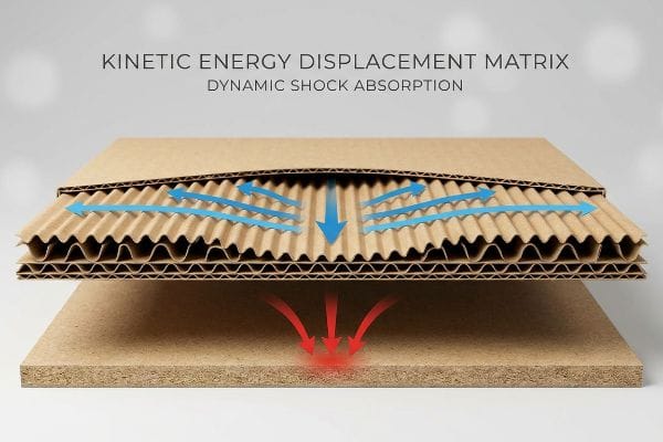 Diagrama de absorción de impactos de chapa ondulada Sección transversal de cartón corrugado que muestra la matriz de desplazamiento de energía cinética y la absorción de impactos dinámicos.