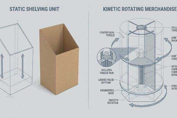 Diagram comparing Static Shelving Unit to Kinetic Rotating Merchandise, highlighting Isolated Torque Hub, Locked False Bottom, and Corrugated Spine.