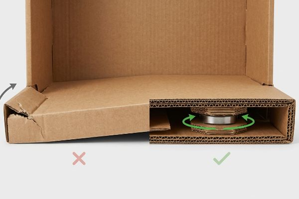 Brown corrugated cardboard illustrates kinetic display failure with a torn corner (left, X) versus a reinforced base with an isolated torque hub for Lazy Susan hardware (right, checkmark).