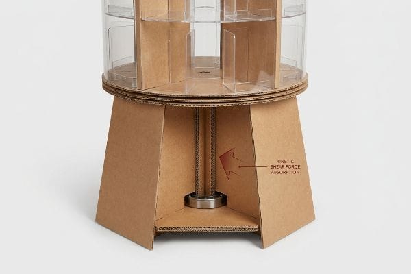 Corrugated cardboard base of a rotating display showing a metal ball-bearing and internal spine for Kinetic Shear Force Absorption.