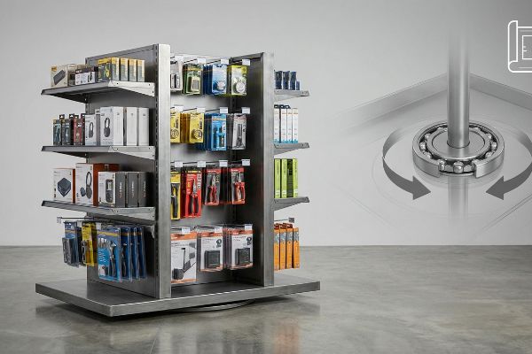 Gray metal rotating spinner rack displaying packaged electronics and tools, with a ball-bearing hardware diagram.