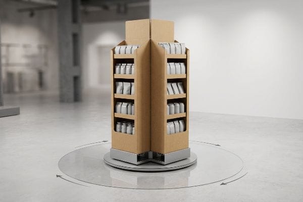 Présentoir rotatif cinétique en carton ondulé avec des produits blancs, tournant sur une base argentée, illustrant son balayage à 360 degrés.