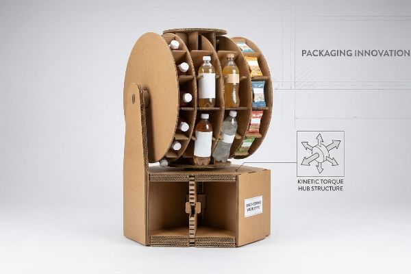 Corrugated cardboard kinetic spinner rack with bottles and pouches, showcasing 