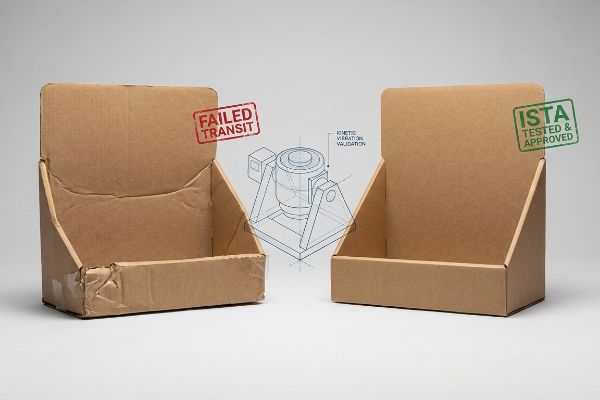 Damaged cardboard display box with 'Failed Transit' stamp beside a pristine 'Ista Tested & Approved' box, featuring a 'Kinetic Vibration Validation' blueprint.