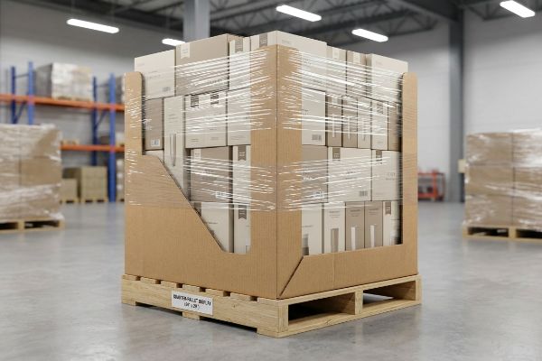 A fully kitted Quarter-Pallet Display of cardboard boxes, shrink-wrapped on a wooden pallet in a warehouse.