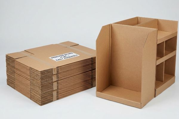 An assembled brown corrugated retail endcap display stands beside a stack of flat-packed cardboard units labeled
