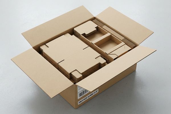 An open master carton reveals flat-packed corrugated display components and unassembled merchandisers, labeled 'Knocked Down Flat'.
