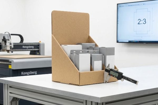 Brown corrugated cardboard countertop display holding gray and white product boxes, measured by a digital caliper showing 2.30, with a Kongsberg CNC machine and a monitor displaying a 2:3 ratio diagram.