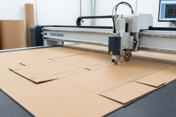 A Kongsberg digital cutting table precisely scores brown corrugated board with oscillating blades and creasing wheels, following red and blue dielines.