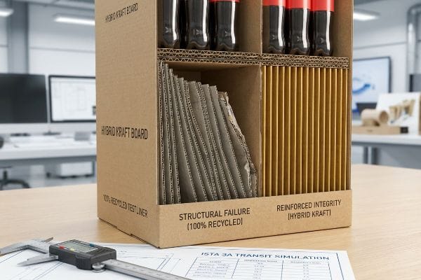 Hybrid Kraft Board display comparing Structural Failure (100% Recycled) with Reinforced Integrity (Hybrid Kraft), alongside an ISTA 3A Transit Simulation blueprint.