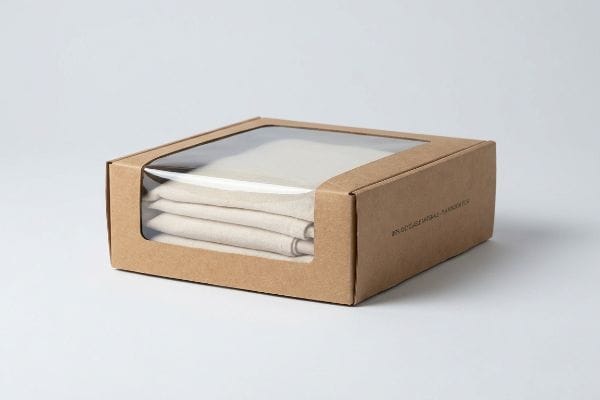 Kraft paperboard box with clear window displays folded textiles, marked '80% Recycled Material' for eco-friendly packaging.