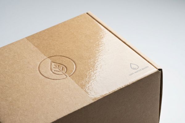 Brown kraft paperboard box with an embossed leaf logo and