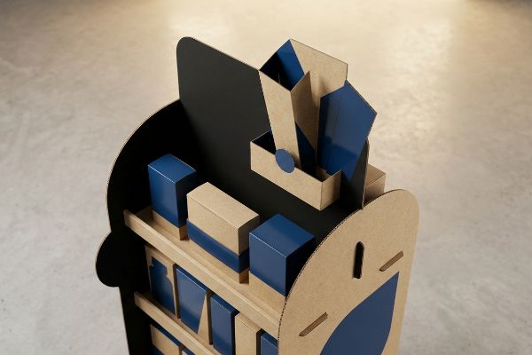A retail display unit of natural kraft cardboard features dark blue product boxes and a black back panel, designed for merchandising.
