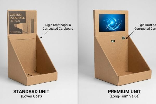 Présentoirs en papier kraft rigide et en carton ondulé : un modèle standard avec design personnalisé et un modèle premium avec écran numérique.