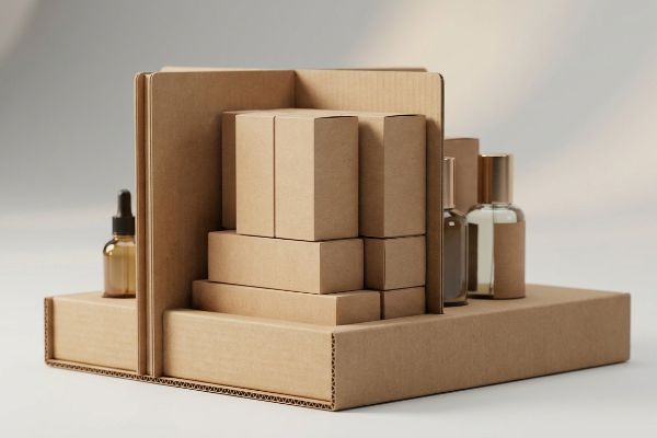Retail display of natural kraft corrugated cardboard boxes and small glass bottles, ideal for eco-friendly product merchandising.