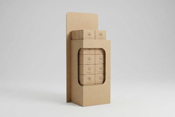 Brown kraft cardboard POP display with a die-cut window showcasing small brown product boxes, each featuring a black stylized G logo.