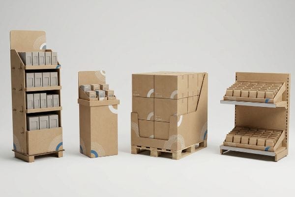 Kraft cardboard retail displays: a tall floor merchandiser, a countertop unit, a pallet build, and a two-tier shelf-ready tray, all featuring subtle white and blue graphic designs.