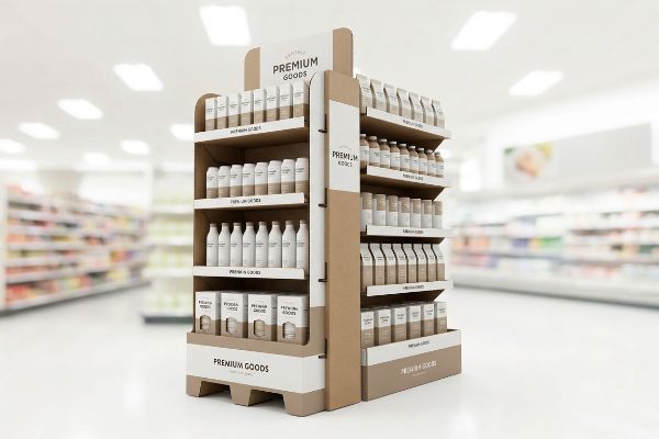 An endcap display, crafted from natural brown and white cardboard, showcases
