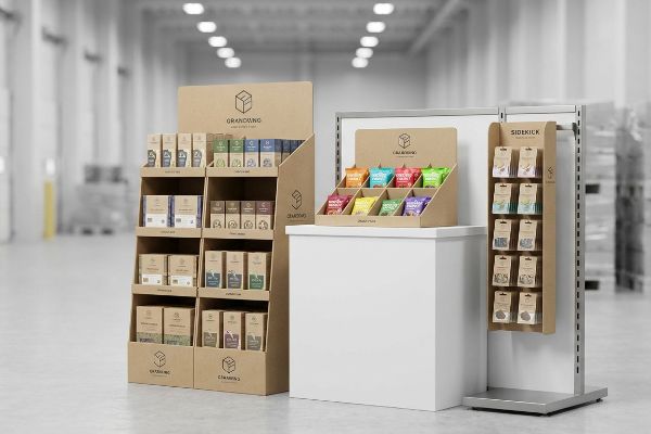 Kraft paper retail displays: Grandling floor stand, Grandling countertop unit with colorful pouches, and Sidekick hanging display in a warehouse.