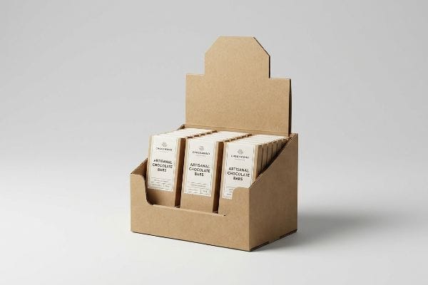 Artisanal Chocolate Display Unit Brown kraft paper counter display filled with Chocolovers Artisanal Chocolate Bars, maximizing impulse purchases.