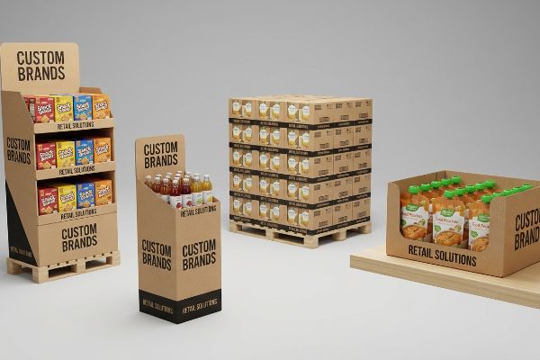 Kraft corrugated retail displays by Retail Solutions for Custom Brands: floor merchandiser, counter unit, pallet, and shelf-ready packaging.