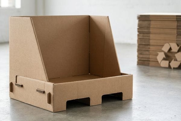 Un présentoir vide en demi-palette de carton kraft ondulé est posé sur un sol en béton, avec des feuilles de carton recyclables empilées en arrière-plan.