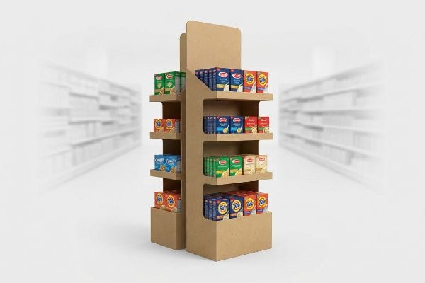 Natural kraft corrugated cardboard floor display unit showcasing multi-tiered Barilla, red and orange, and green pasta boxes in a retail aisle.