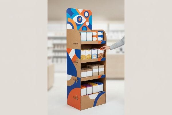 Kraft corrugated POS display with blue and orange eye graphics, showcasing packaged products, a hand reaching for an item.
