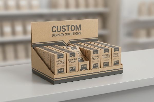 Ein Thekenaufsteller aus Wellpappe mit der Aufschrift „Custom Display Solutions“ enthält mehrere Schachteln mit der Aufschrift „Bio-Snacks“, die jeweils 4,99 Dollar kosten.