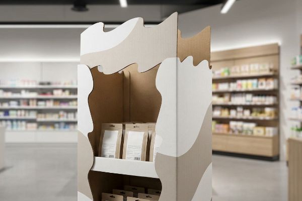 Corrugated cardboard POP display with wavy die-cut curves, featuring kraft paper pouches on shelves in a retail store.