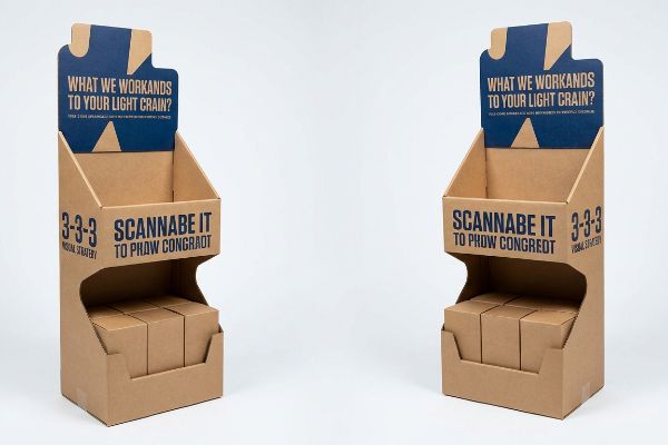 Kraft corrugated retail displays with blue graphics, showing 'What We Workands To Your Light Crain?' and '3-3-3 Visual Strategy', holding small boxes.