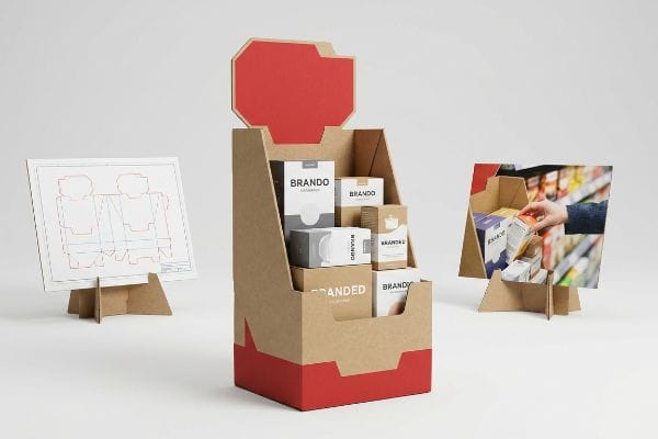 Kraft cardboard display stand with red base, showcasing Brando product boxes, alongside a die-cut blueprint and a retail aisle scene.