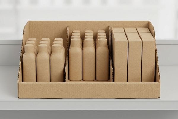 Kraft paper retail-ready packaging tray with modular dividers, displaying unbranded bottles and rectangular boxes for efficient restocking.
