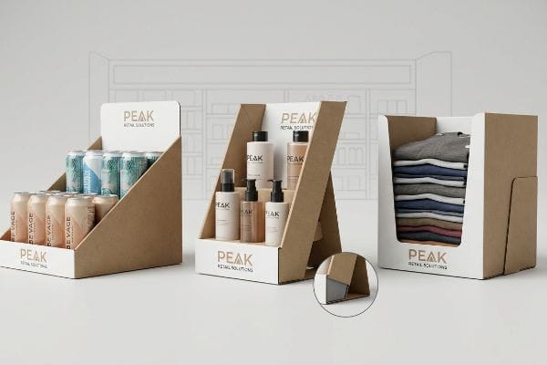 Kraft cardboard Peak Retail Solutions countertop displays with easel backs, showcasing beverage cans, cosmetic bottles, and folded apparel.