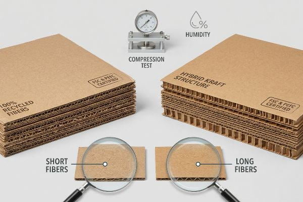 FSC & PEFC Certified corrugated boards: 100% Recycled Fibers with Short Fibers and Hybrid Kraft Structure with Long Fibers, undergoing Compression Test and Humidity evaluation.