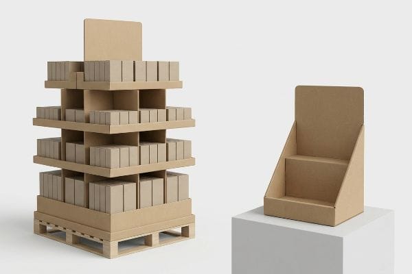Kraft cardboard floor merchandiser on a pallet, filled with plain boxes, alongside a two-tier countertop POP display.