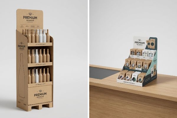 Kraft brown corrugated POP display unit for Premium Beverage, featuring three shelves of small brown and white bottles.