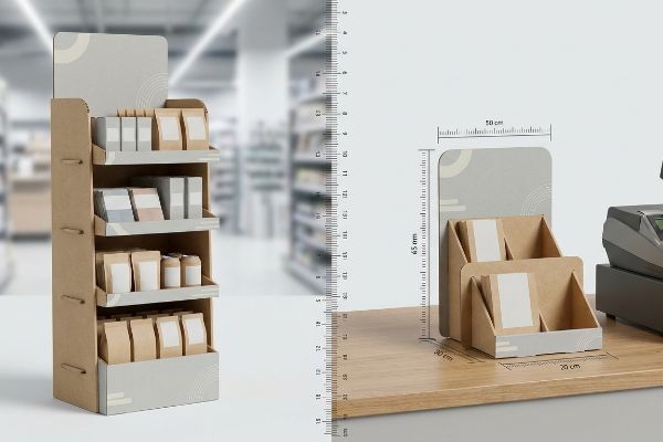 Kraft corrugated four-tier floor standee, a POP display, holding various products in pouches and bottles within a retail aisle.